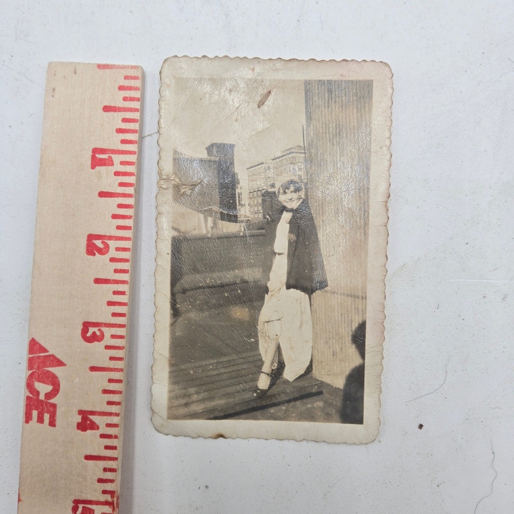 Vintage Snapshot Woman Fashion Cape Rooftop Cityscape Deckle Edge Photo